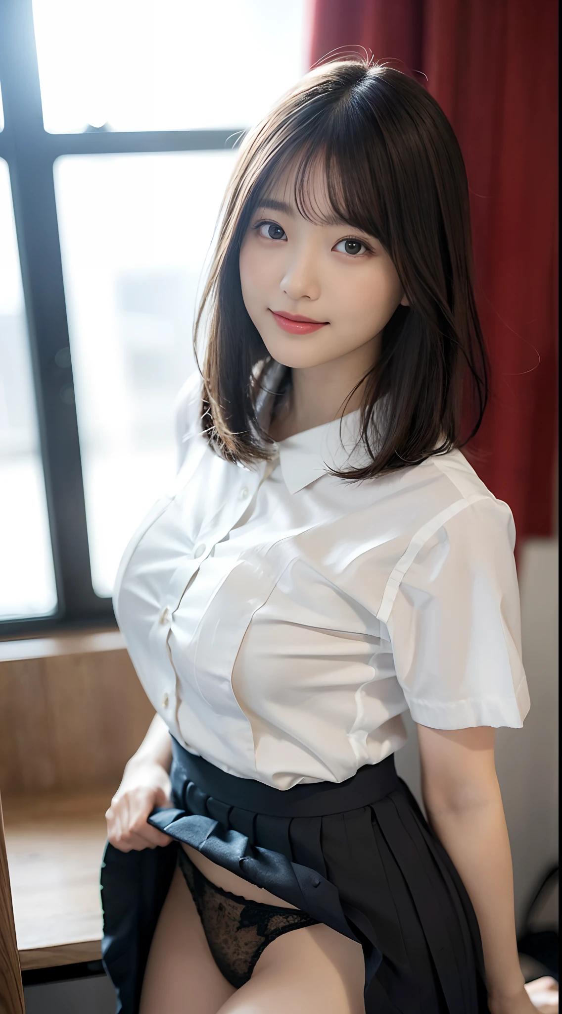 Arafed asian woman in a white shirt and black skirt posing for a