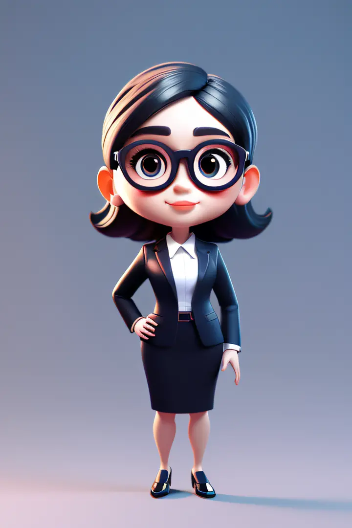 Personagem 3D，office girl，cabelos de cor preta，wears glasses，prette，Carinhoso，sorrir（Meio corpo：1.2），SimpleBackground，uma obra-p...