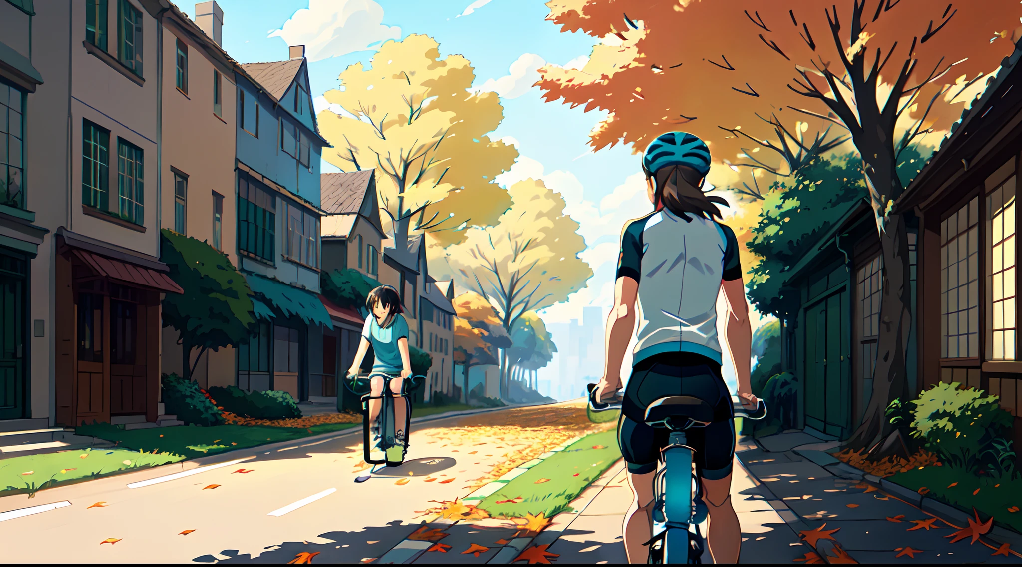 (bicyclette:1.5), (Realistic bike: 1.5), (realistic cyclist: 1.5), Plan en gros plan, Le meilleur des meilleurs, automne, orange leaves, nature, Landscaped background, ombres, contraste, Makoto Shinkai (beste-Qualit:1.3), (high resolucion:1) Art par Studio Ghibli Style, impressionnisme, couleurs vibrantes