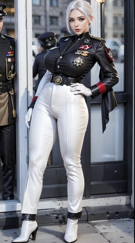 physically-based rendering, 1girl, Female soldier, (white hair), (huge fake breasts:1.1), (street city), sexy muscular body, slim waist, big buttocks, (Full body:1.3), skintight white army pants, (white military uniform).