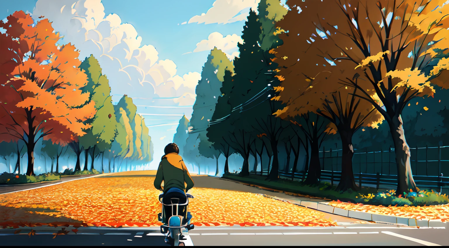 (bicyclette:1.5), (Realistic bike: 1.5), (realistic cyclist: 1.5), Plan en gros plan, Le meilleur des meilleurs, automne, Orange leaves, Feed, Landscaped background, ombres, contraste, Makoto Shinkai (beste-Qualit:1.3), (high resolucion:1) Art par Studio Ghibli Style, impressionnisme, couleurs vibrantes