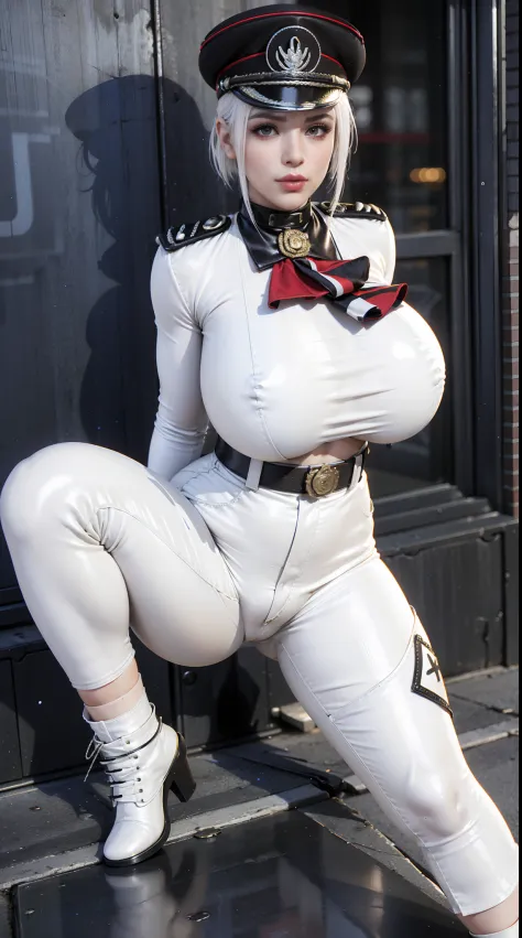 physically-based rendering, 1girl, Female soldier, (white hair), (huge fake breasts:1.1), (street city), sexy muscular body, slim waist, big buttocks, (Full body:1.3), skintight white army pants, (white military uniform).