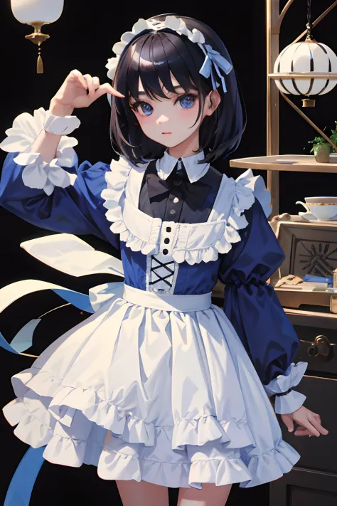 child，（​masterpiece，Highest Quality），Blue Lolita Clothes，A dark-haired，black tea