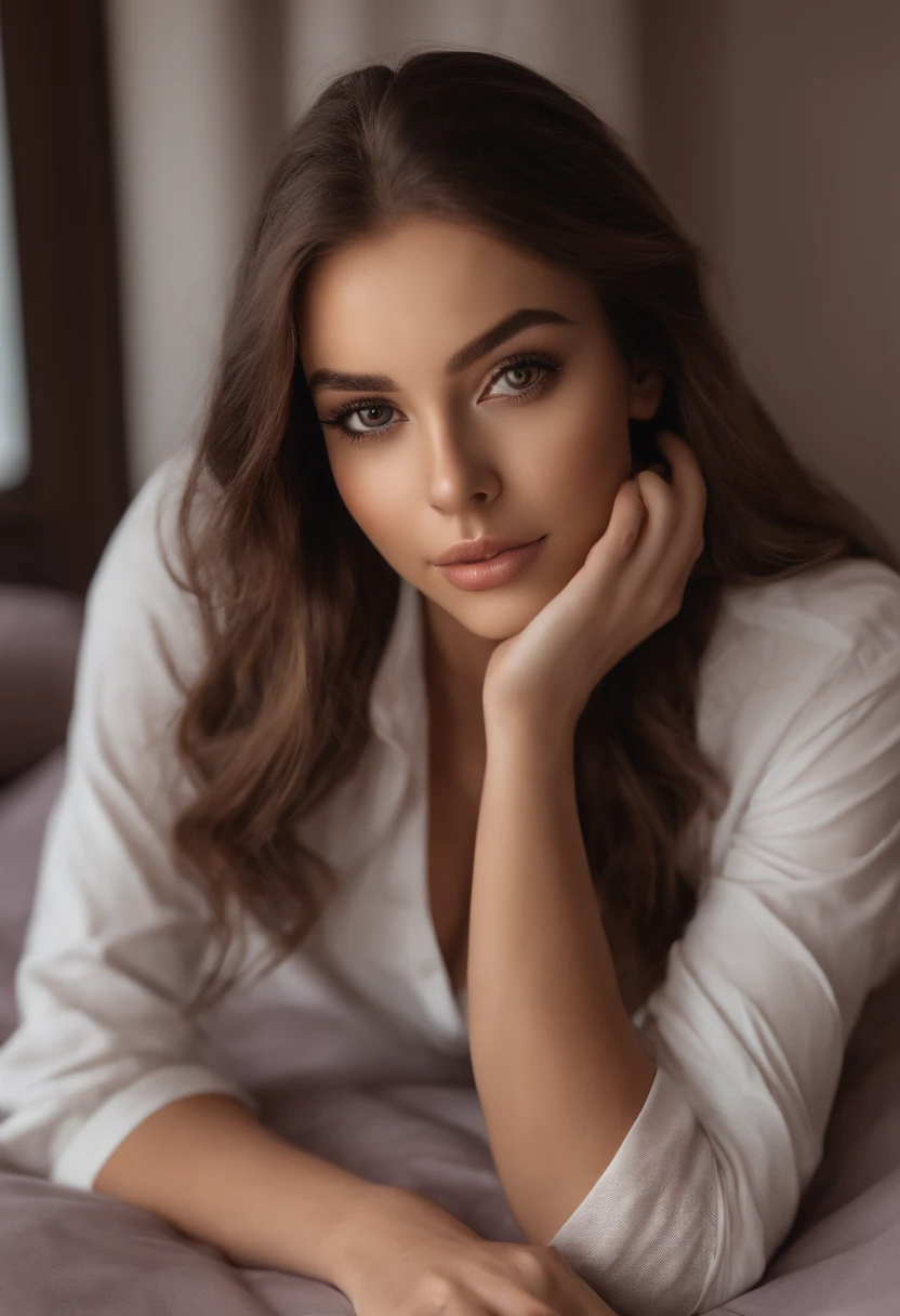 arafed woman fully , sexy girl with brown eyes, ultra realistic, meticulously detailed, portrait sophie mudd, brown hair and large eyes, selfie of a young woman, dubai eyes, violet myers, without makeup, natural makeup, looking directly at the camera, face with artgram, subtle makeup, stunning full body shot kneeling on bed, in bedroom, medium to large size bust