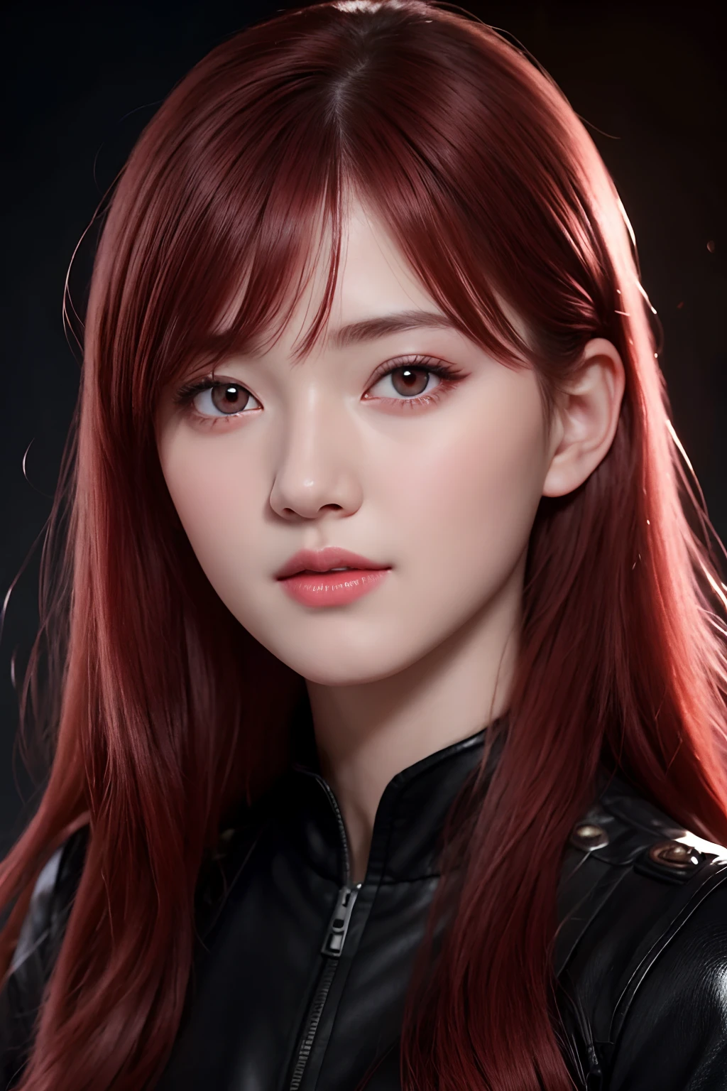 1girl, star eye, blush, perfect illumination, red hair, red eyes, unreal engine, sidelighting, detailed face, bangs, bright skin, simple background, dark background,