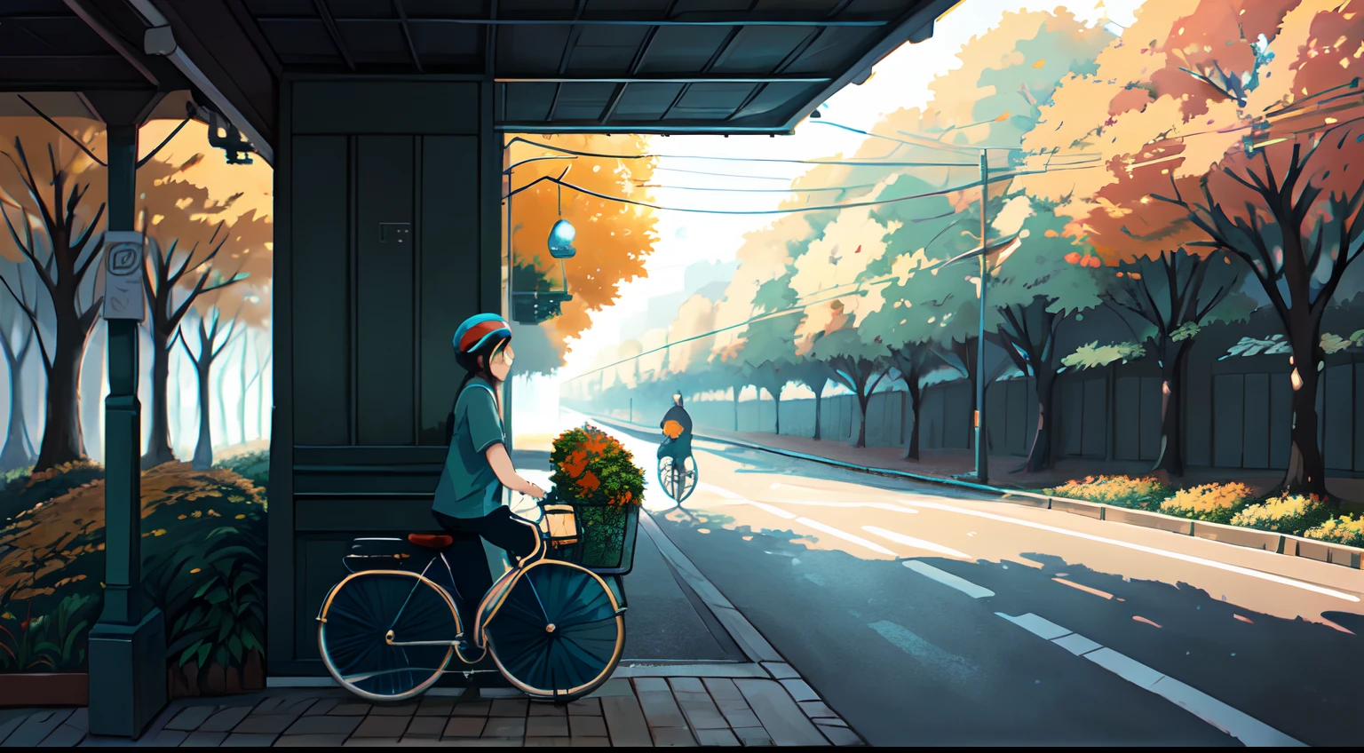 (bicyclette:1.5), (Realistic bike: 1.5), (realistic cyclist: 1.5), Plan en gros plan, Le meilleur des meilleurs, automne, Orange leaves, nature, Landscaped background, ombres, contraste, Makoto Shinkai (beste-Qualit:1.3), (high resolucion:1) Art par Studio Ghibli Style, impressionnisme, couleurs vibrantes