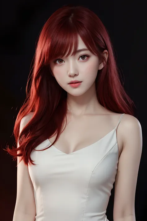 1girl, star eye, blush, perfect illumination, red hair, red eyes, unreal engine, sidelighting, detailed face, bangs, bright skin, simple background, dark background, upon body.