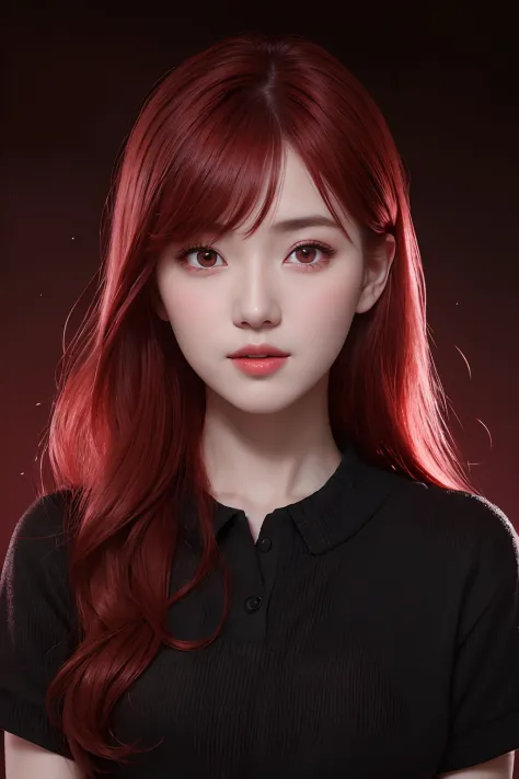 1girl, star eye, blush, perfect illumination, red hair, red eyes, unreal engine, sidelighting, detailed face, bangs, bright skin, simple background, dark background, upon body.