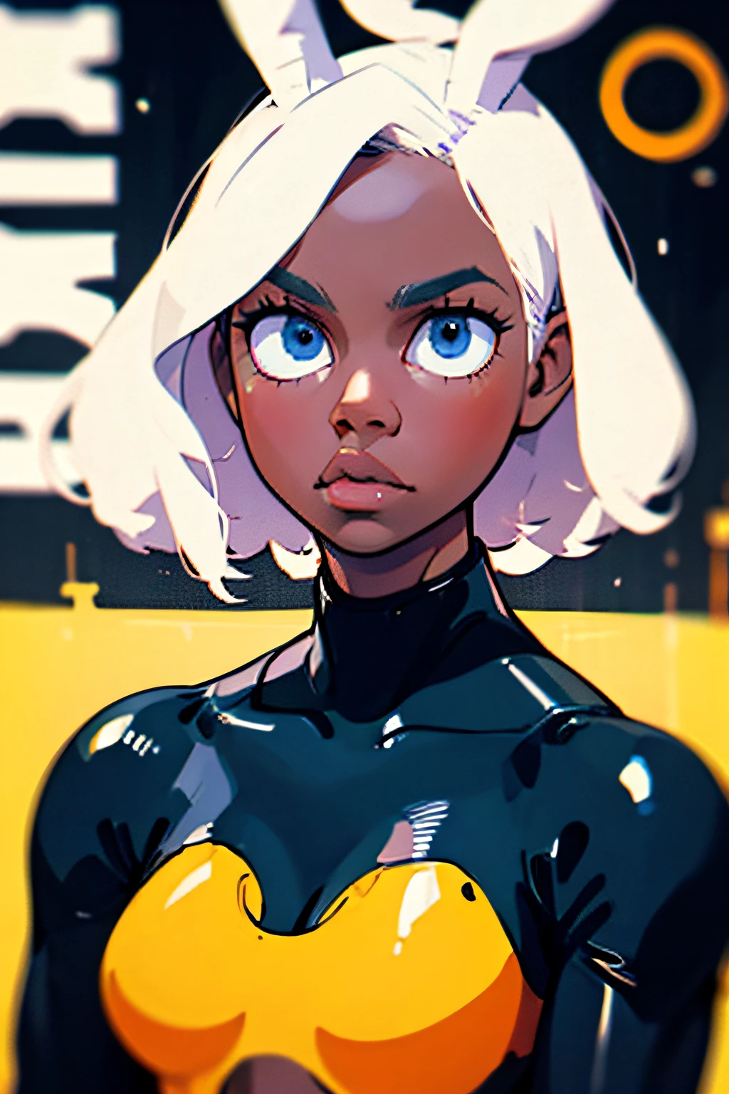 horikoshi kouhei, 1girl, absurdres, white hair, blue eyes, eyebrows, dark skin, blurry, blurry background, boku no hero academia, long fluffy curly hair, username, a cartoon of a young woman, official character art, official art, boku no hero academia style, in a black bodysuit, cyberpunk bodysuit, all black cyberpunk clothes, wearing a black bodysuit, cut out, wearing black tight clothing, skintight black bodysuit, black bodysuit, tight outfit, skintight black clothes, leather bunny costume bodysuit, aeon flux style, bodysuit, intriguing outfit, very sexy outfit, fluffy hair