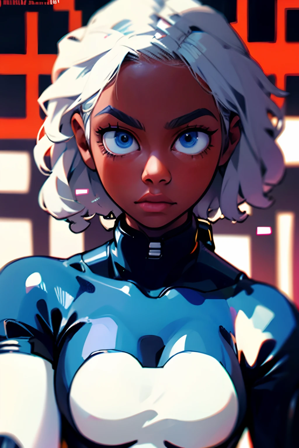 horikoshi kouhei, 1girl, absurdres, white hair, blue eyes, eyebrows, dark skin, blurry, blurry background, boku no hero academia, long fluffy curly hair, username, a cartoon of a young woman, official character art, official art, boku no hero academia style, in a black bodysuit, cyberpunk bodysuit, all black cyberpunk clothes, wearing a black bodysuit, cut out, wearing black tight clothing, skintight black bodysuit, black bodysuit, tight outfit, skintight black clothes, leather bunny costume bodysuit, aeon flux style, bodysuit, intriguing outfit, very sexy outfit, fluffy hair