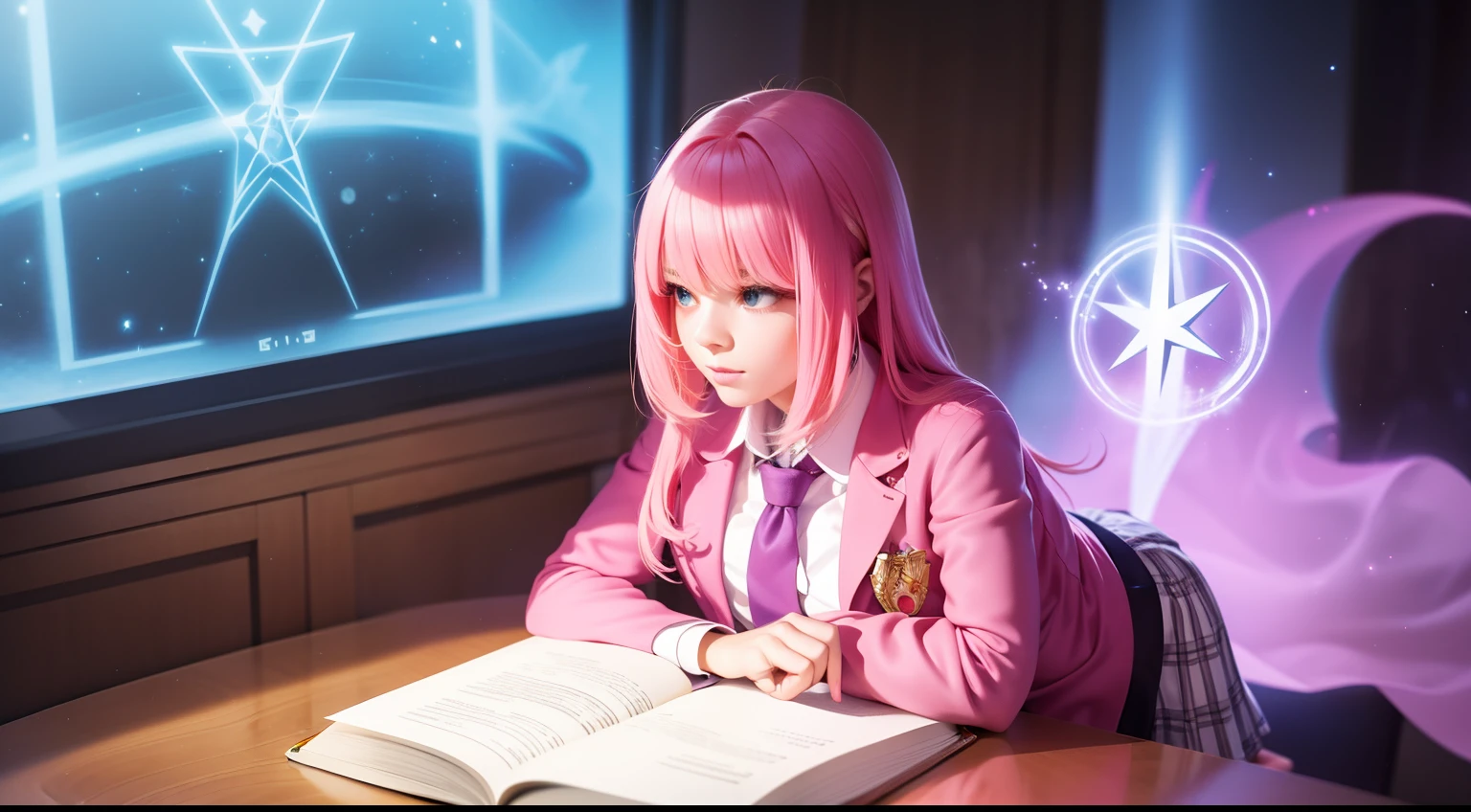 "A Photorealistic High-Quality Anime-Style Girl with Pink Hair, Dressed in a Magical  with Glowing Runes, Casting Spells in a Magical Library Filled with Ancient Tomes and Mystical Artifacts, taken with an Advanced Enchanted Camera and utilizing an Ethereal Lens