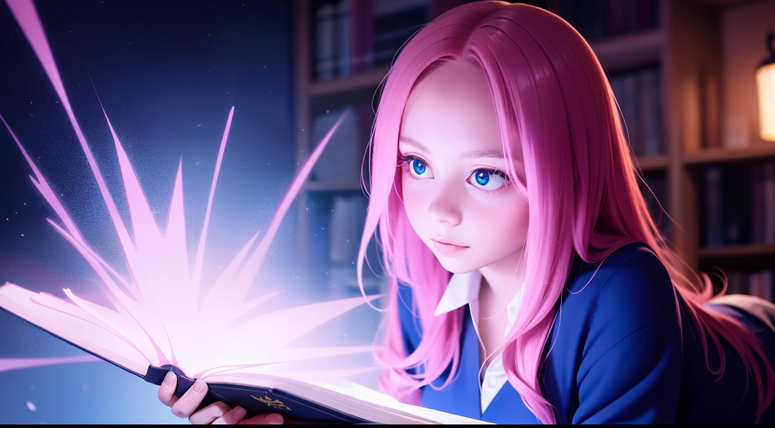 "Uma garota fotorrealista de alta qualidade estilo anime com cabelo rosa, Vestido com um traje mágico com runas brilhantes, Lançando feitiços em uma biblioteca mágica cheia de tomos antigos e artefatos místicos, tirada com uma Câmera Encantada Avançada e utilizando uma Lente Etérea