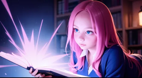 "A Photorealistic High-Quality Anime-Style Girl with Pink Hair, Dressed in a Magical School Uniform with Glowing Runes, Casting ...