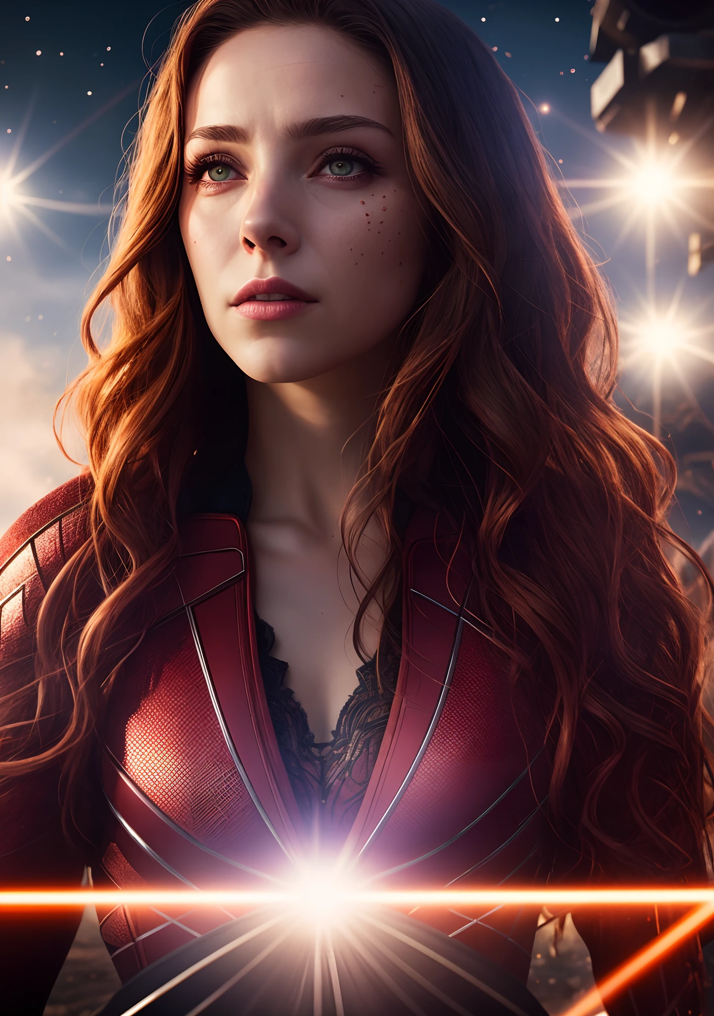 Scene from Movie, Scarlet Witch from Marvel Close-Up Shot, Distorted Space, Distorted Undead in the Background, Lens Flares, Light Shafts, Intricate Details, High Detailed, Volumetric Lighting, 4k Rendering, Stock Photo, Hyper Realistic, Realistic Textures, Dramatic Lighting, Unreal Engine
