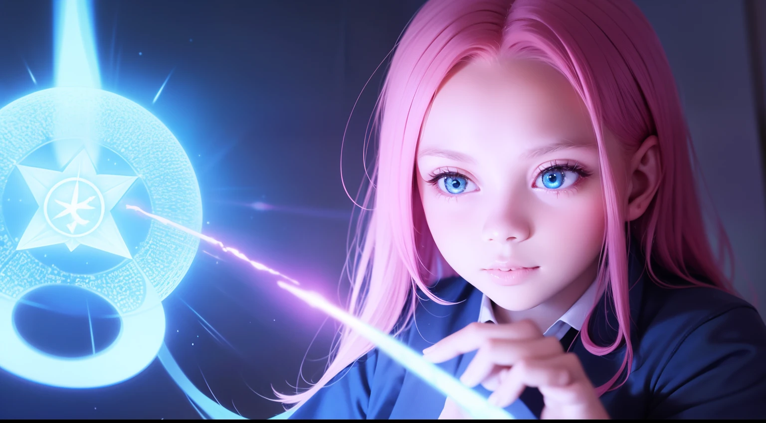 "A Photorealistic High-Quality Anime-Style Girl with Pink Hair, Dressed in a Magical School Uniform with Glowing Runes, Casting Spells in a Magical Library Filled with Ancient Tomes and Mystical Artifacts, taken with an Advanced Enchanted Camera and utilizing an Ethereal Lens