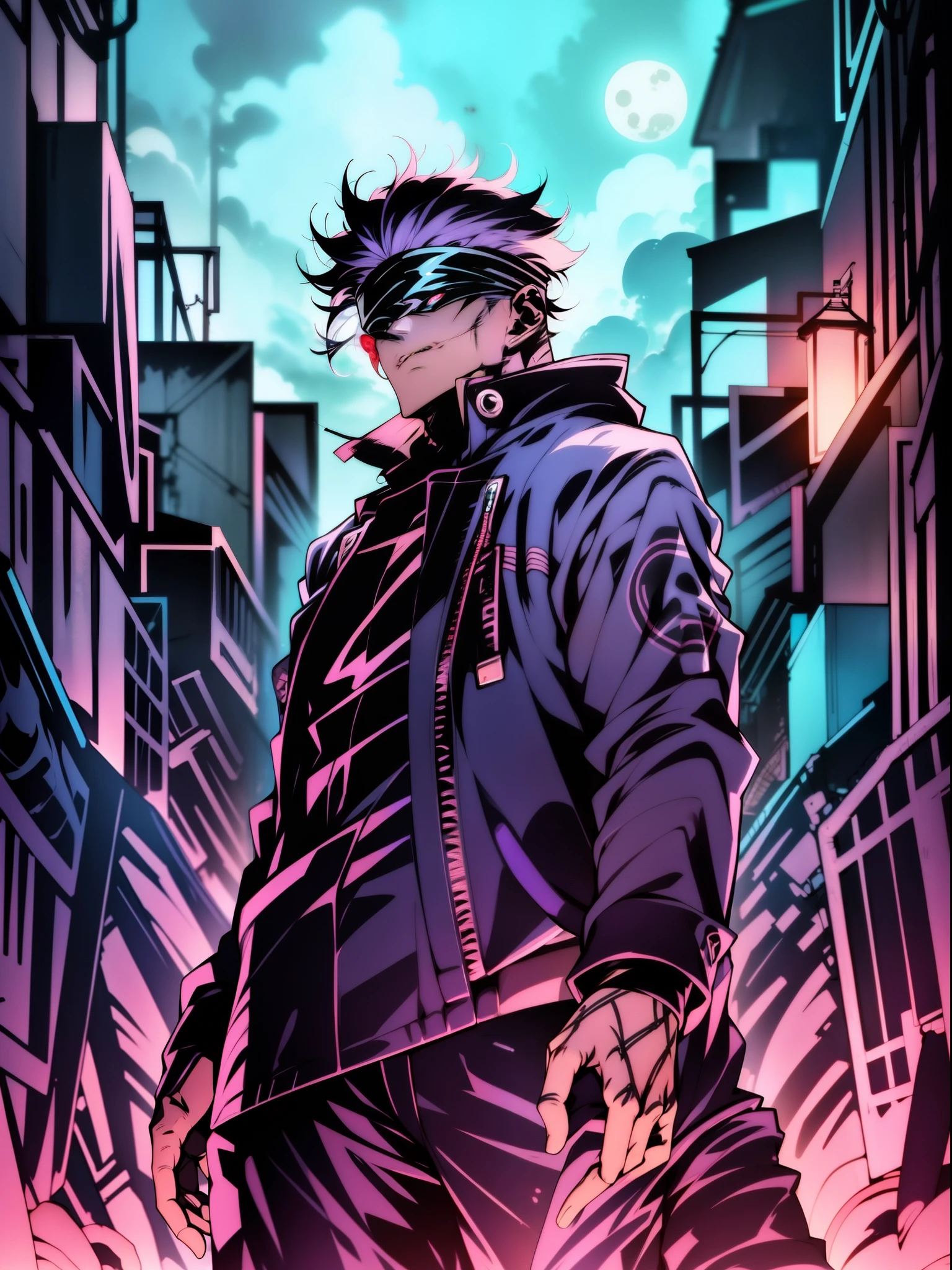 In a dramatic and intense scene, Gojo Satoru, the enigmatic sorcerer from "Jujutsu Kaisen," channels his immense cursed energy with breathtaking precision. 

**Setting**:
The setting is a dimly lit, desolate alleyway, surrounded by towering buildings. The moon casts a pale, eerie glow on the scene, creating an aura of anticipation.

**Action**:
Gojo Satoru stands at the center of the alley, his presence commanding attention. His eyes, usually covered by a blindfold, are unveiled, revealing their unearthly intensity. He raises his right hand, extending a single finger towards the night sky.

**Cursed Energy Unleashed**:
With deliberate focus, Gojo channels his cursed energy. The atmosphere crackles with anticipation as the air shimmers with crimson energy. A faint, otherworldly hum reverberates through the alley, intensifying with every passing moment.

**The Eruption**:
Suddenly, Gojo thrusts his finger forward, and from the tip, a torrent of blazing red cursed energy erupts. It spirals and dances like a fiery serpent, illuminating the alley in a mesmerizing display of power. Sparks of crimson energy scatter in every direction, leaving an ethereal trail in their wake.

**Impact**:
The force of Gojo's red cursed energy is palpable, sending shockwaves through the ground and causing the nearby buildings to tremble. Anyone witnessing this spectacle can only marvel at the sheer might and precision of his control over cursed energy.

**Conclusion**:
As quickly as it began, Gojo Satoru withdraws his finger, and the crimson torrent recedes into nothingness. The alley returns to its eerie silence, but the memory of the red cursed energy's awe-inspiring display lingers, a testament to the boundless power of this enigmatic sorcerer.