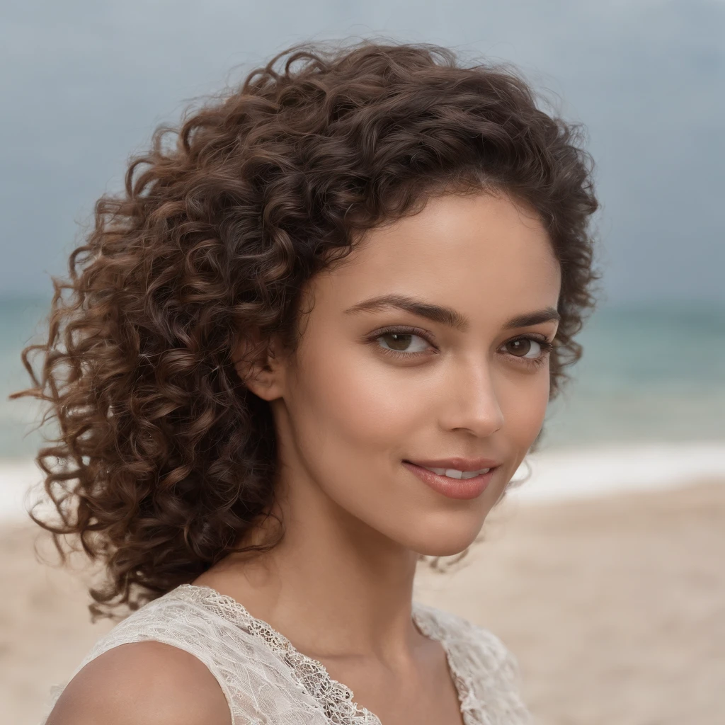 A woman with curly hair standing on a beach near the ocean - SeaArt AI