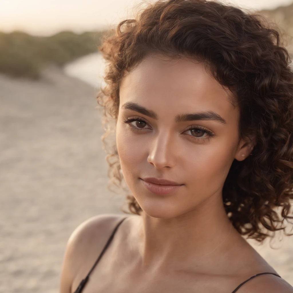 A woman with curly hair standing on a beach next to the ocean - SeaArt AI