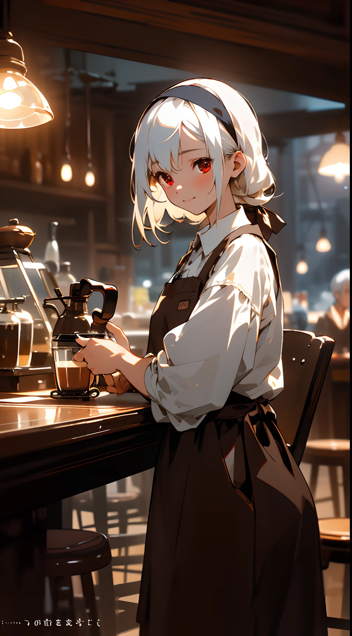 (masterpiece), best quality,  a girl working on a  coffe shop, she she is making coffe in a machine, making coffe, perfect face, expressive eyes, brown apron, coffe shop from inside, tied hair,red eyes, cute girl, cozy, (night), realistic, 4k, intricate, detailed, vase flower, cozy lights, perfect lighting, traced light, warm colors, chairs an tables, everyday life, modern, elegant, (relaxing atmosphere), peaceful, aromatic,happy,happyness, (white hair), white shirt, bartender, soft, brown hairband, humble,delicate, gentle, night, contrast, vivid colors, bokeh, (perfect coffe machine), espresso, (soft), glow, glowing eyes

BREAK she is making coffe, there is a table on the left side with cups, there is a coffe machine in the table, steam is lefting the cup, delicious coffe
, Cmyth,