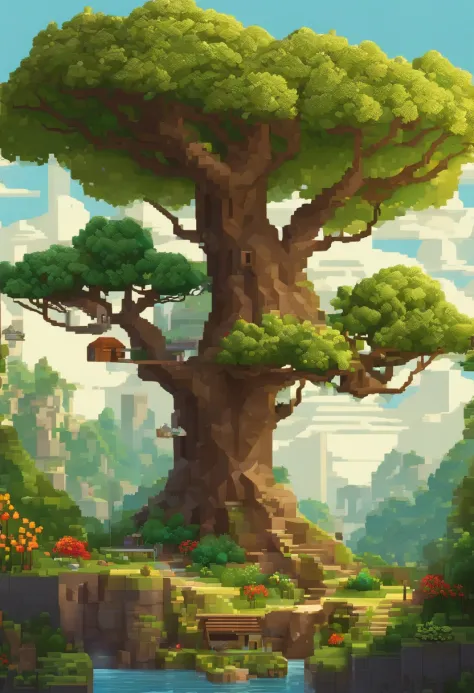 pixel art of a world that merges nature with technology and electronic objects such as sockets and wires in the form of trees and landscapes, bela arte detalhada do pixel, altamente detalhado e colorido, arte lowpoly cor super detalhada, pixel art detalhad...