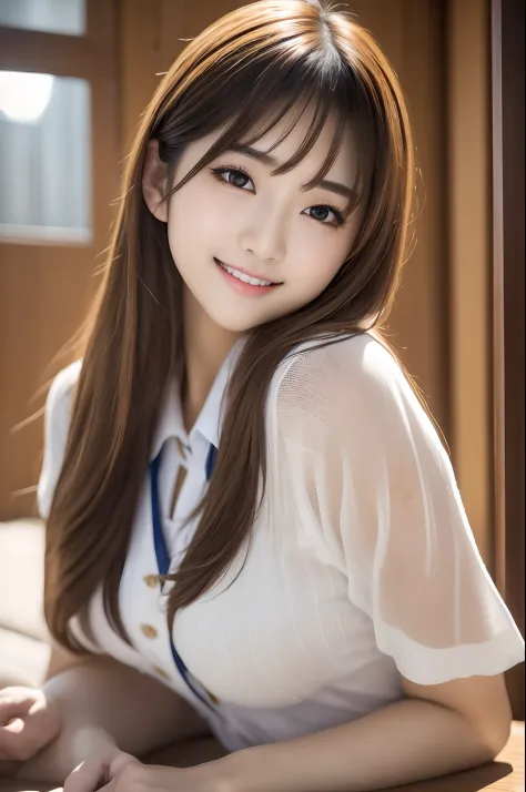 ((8K, Raw photo, Best Quality, masutepiece:1.3)), ultra-detailliert, 超A high resolution, high-definition RAW color photography, Photo of Pretty Japanese school girl,crass room,School uniform,((Brown hair,midium breasts:1.1)),Looking at Viewer,professional ...