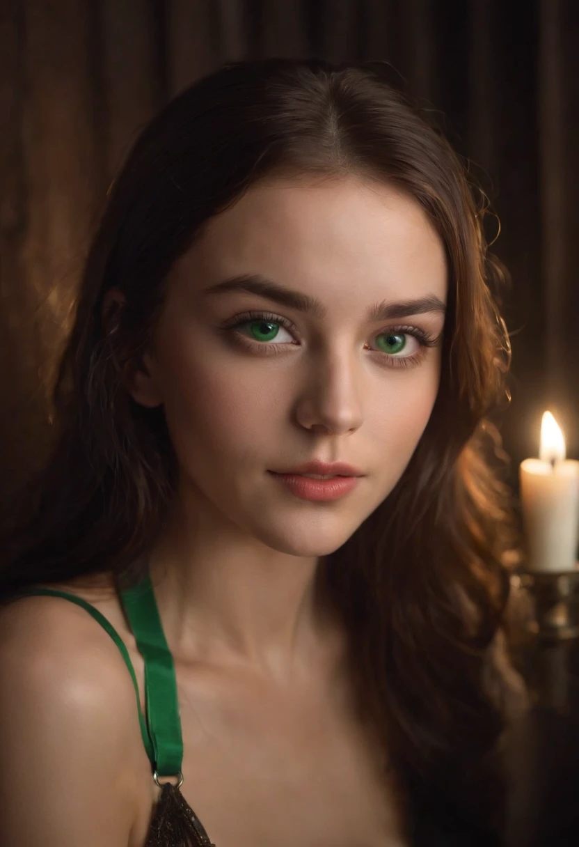 fair complexion, woman around 19 years old, natural brown hair, distinctive green eyes, wearing bondage gear, slender and graceful, beautiful, candlelight in a dark room, ultra sharp focus, realistic shot, bondage, chains, revealing clothing, tetradic colors