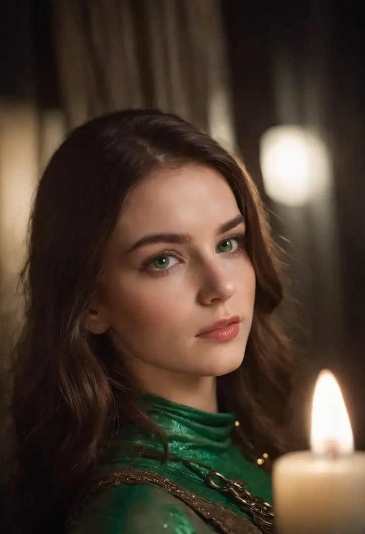 fair complexion, woman around 19 years old, natural brown hair, distinctive green eyes, wearing bondage gear, slender and graceful, beautiful, candlelight in a dark room, ultra sharp focus, realistic shot, bondage, chains, revealing clothing, tetradic colo...
