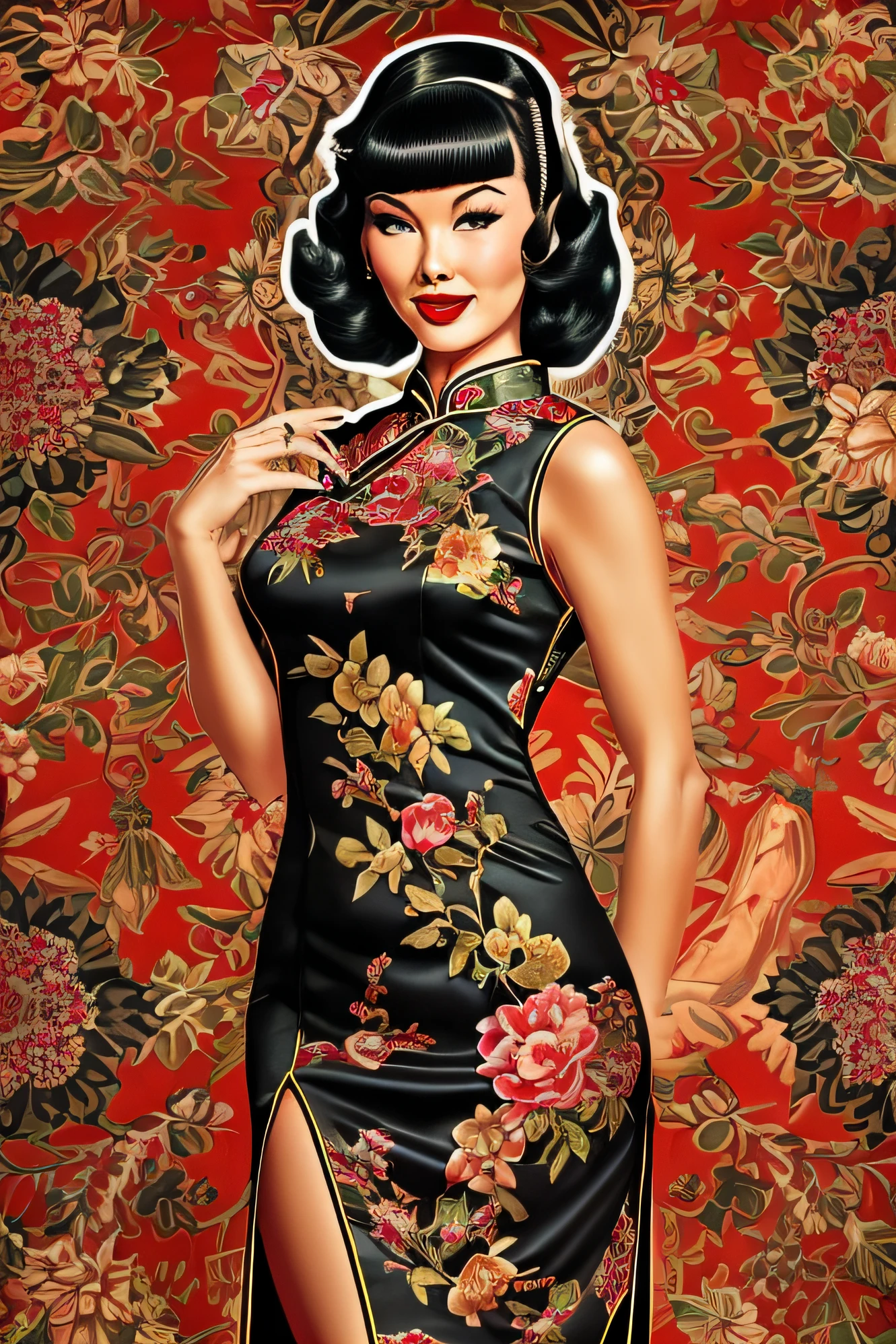 Masterpiece, ultrarealisic, 1950s ambience, beautiful brunette woman, Bettie Page, red lips, dressed in black and gold cheongsam dress, background, opium den, reds and blacks, oriental designs,