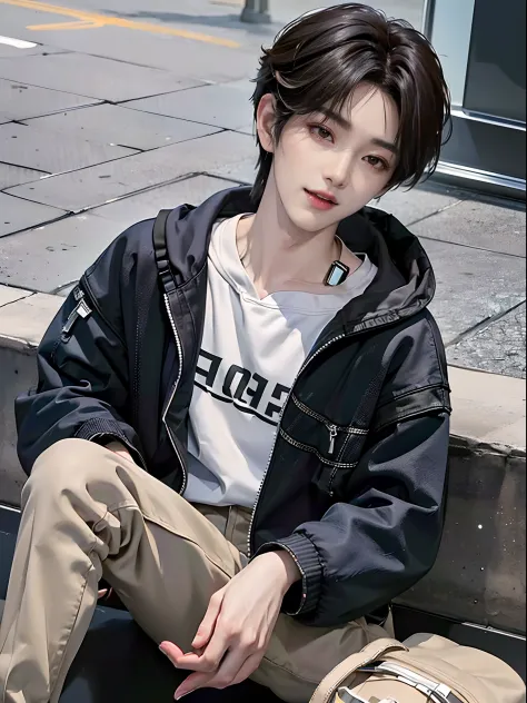 ((4K works))、​masterpiece、（top-quality)、((high-level image quality))、((One Manly Boy))、Slim body、((Casual fashion with hoodie and chic black denim jacket))、((Men's Fashion))、((Holding a backpack and iPhone in hand))、(Detailed beautiful eyes)、In a fashionab...