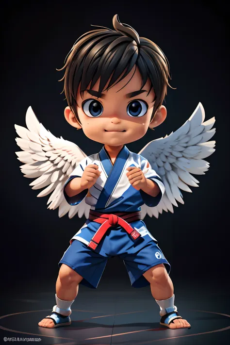 Create a 3d mascot of a male baby eagle wearing jiujitsu kimono in different fighting poses on a black background. The eagle mus...