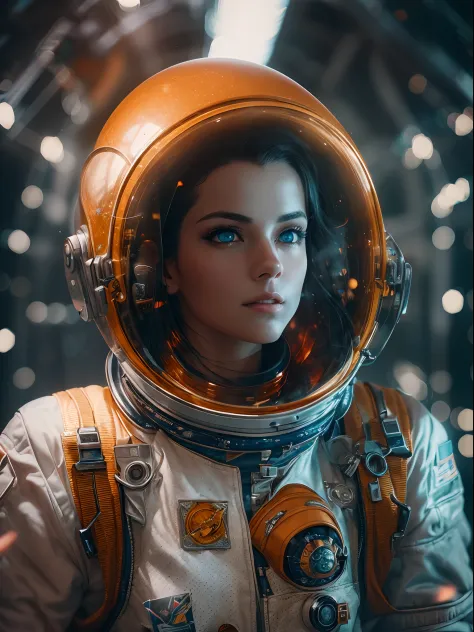Woman 25 years old Beautiful astronaut of 1950 , deep blue eyes, Orange clothes, Details in white metallic, Cinematic, photoshoo...