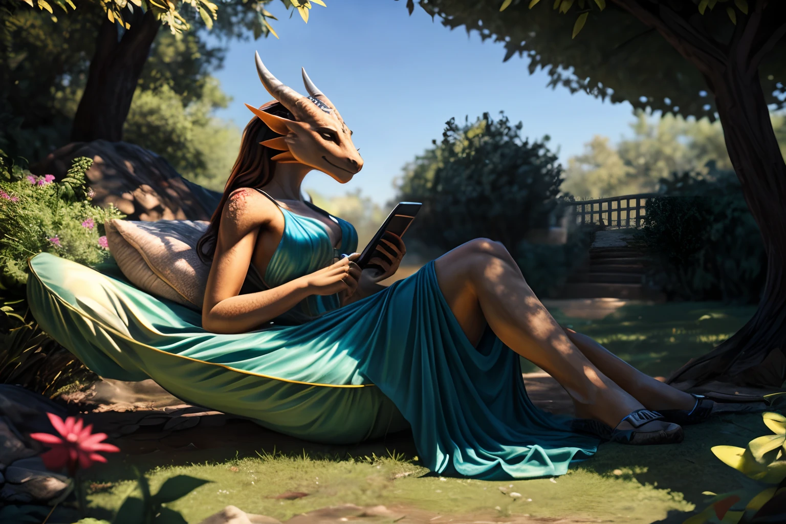 Anthro Dragon, (A woman's face with)beautiful detail eyes, (pa)beautiful detailed lips, (A woman with)Extremely detailed eyes and face, long eyelashes, (The woman) with a seductive fitness body and a long neck, Long hair, (a) scaly body,,,, (with) membranous ears, (em) Marvelous Garden, (wearing) Simple dress, (character) resting in a hammock. (Best Quality,4k,8K,hight resolution,Masterpiece:1.2), Ultra-detailed, (Realistic,Photorealistic,photo-realistic:1.37), HDR, UHD, Sunlight, ultra-fine painting, physical based rendering, extreme detail description, Professional, Vivid colors, bokeh, (em) full-length portrait, landscape, photografic, Concept Artists (style of), (with a) vibrant color palette, (pa) soft-lighting.