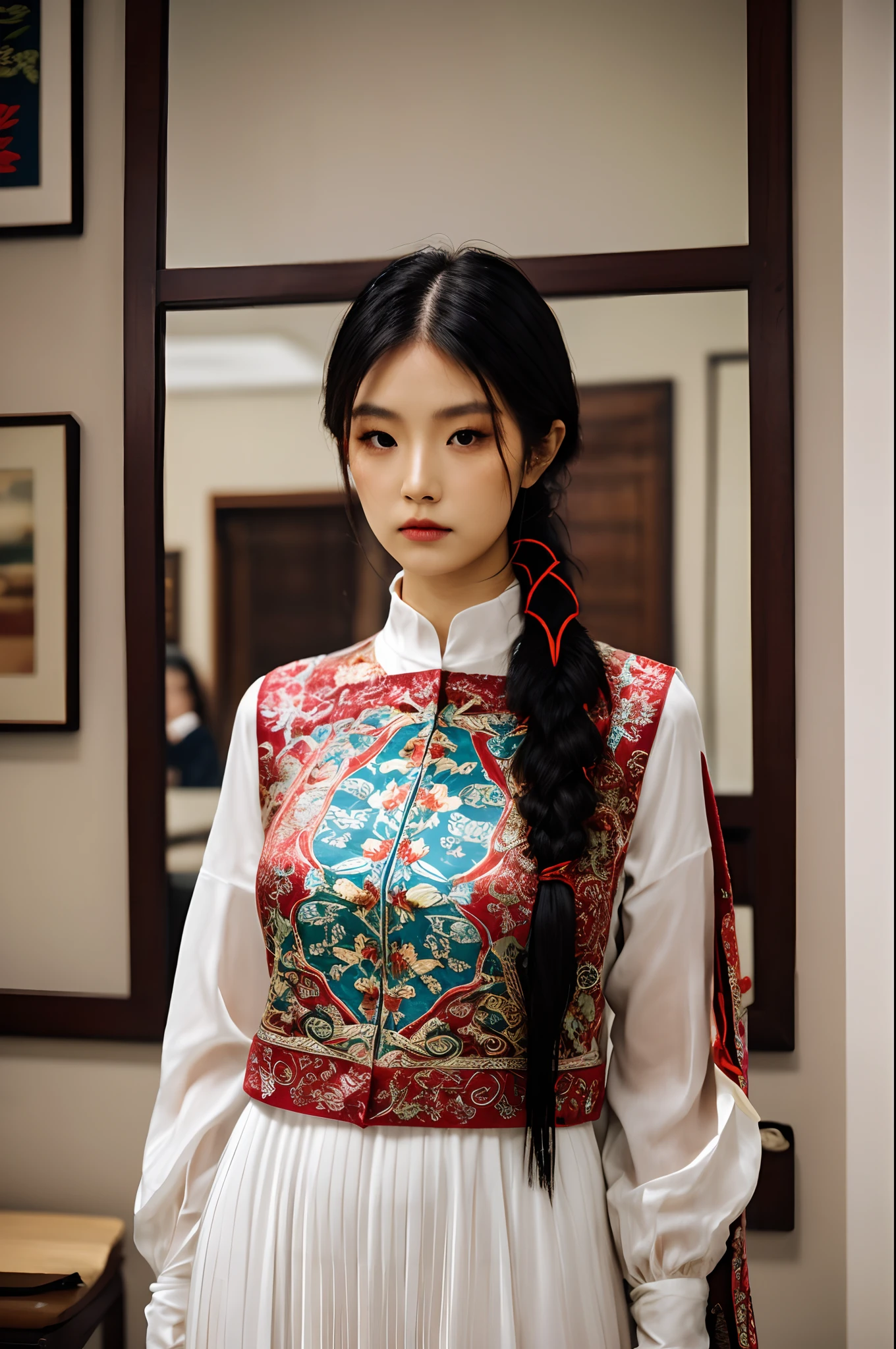 girl02, photographed on a Nikon Z7 II Mirrorless Camera,120mm F/4 wide-angle
girl02, 1girl, solo, long hair, looking at viewer, black hair, long sleeves, braid
a woman wearing a white dress and a black braid with a blue and red pattern on it's neck, Chen Lu, art nouveau fashion embroidered, a character portrait, aestheticism
a woman wearing a black top and red scarf with a red and white design on it's neck, Chen Jiru, art nouveau fashion embroidered, a silk screen, cloisonnism
best quality, masterpiece, ultra detailed, cowboy shot, flowing, 3dmm, ink sketch, color ink, ink rendering, octane render, pastels, rice paper, 1girl, beautiful detailed eyes, (alternate hairstyle), ultra detailed hair, graceful, (charming), (delicate), pretty, cute, lace dress, character in the center of the frame, rhythm, fantasy, looking at viewer,