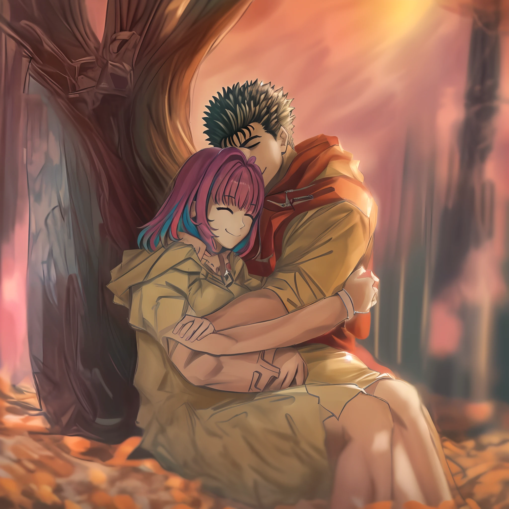 Anime couple hugging in the fall leaves - SeaArt AI