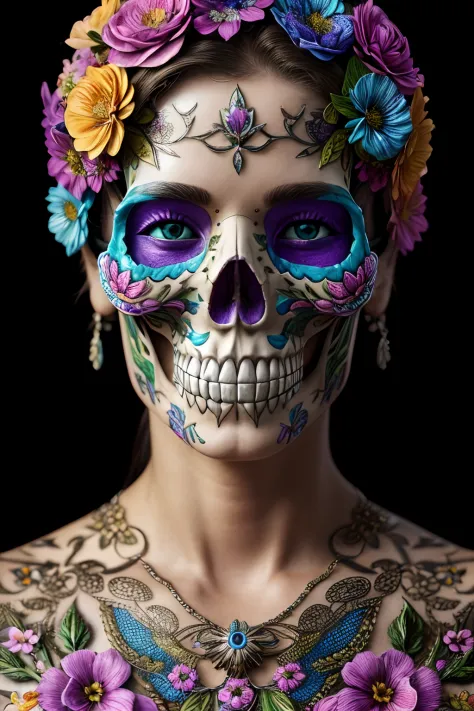 Floral Crown: A detailed image showcasing Catrina La Muerte wearing an  elaborate floral crown, adorned with vibrant blooms and delicate petals,  representing the connection between life, beauty, and the cycle of nature 