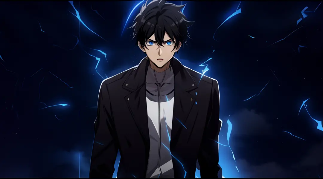 Anime character with blue eyes and a black jacket standing in front of a wall, cara de anime alto com olhos azuis, cara bonito n...