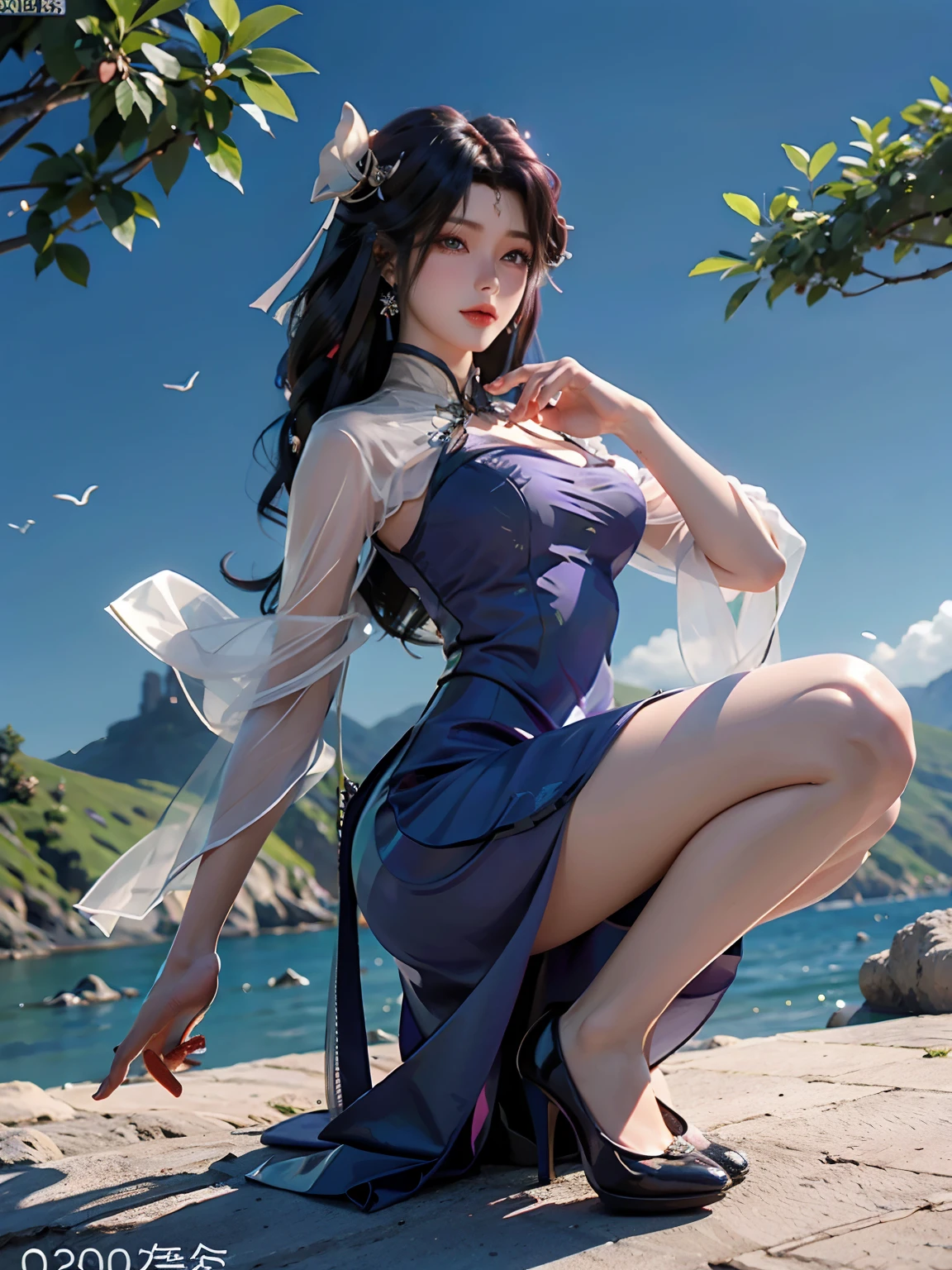 （（top-quality，16k，tmasterpiece：1.3）），（（（Yun Xi）），Beautiful Women in Perfect Shape：1.3，（（lewd poses）），（（（high-heels））），（Have by the sea），（（Antique long dress）），（（Squat））