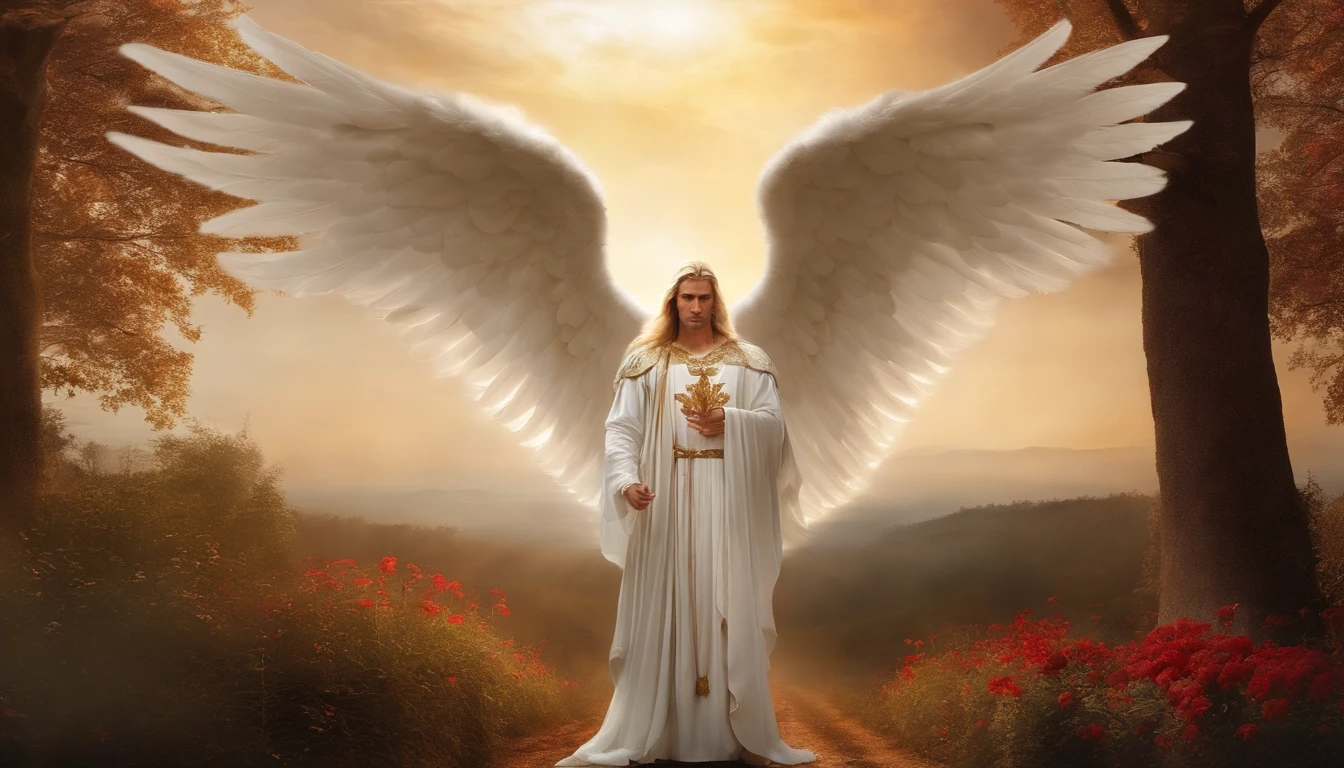 There is a painting of an angel with wings in the sky, majestic full ...