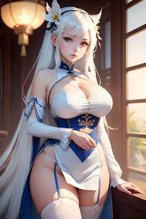 masterpiece, best quality, 1girl, illustrious (maiden lily's radiance) (azur lane), white hair, very long hair, blue eyes, hair ornaments, breasts, cleavage, china dress, chinese clothes, official alternate costume, white thighhighs, garter straps, short s...