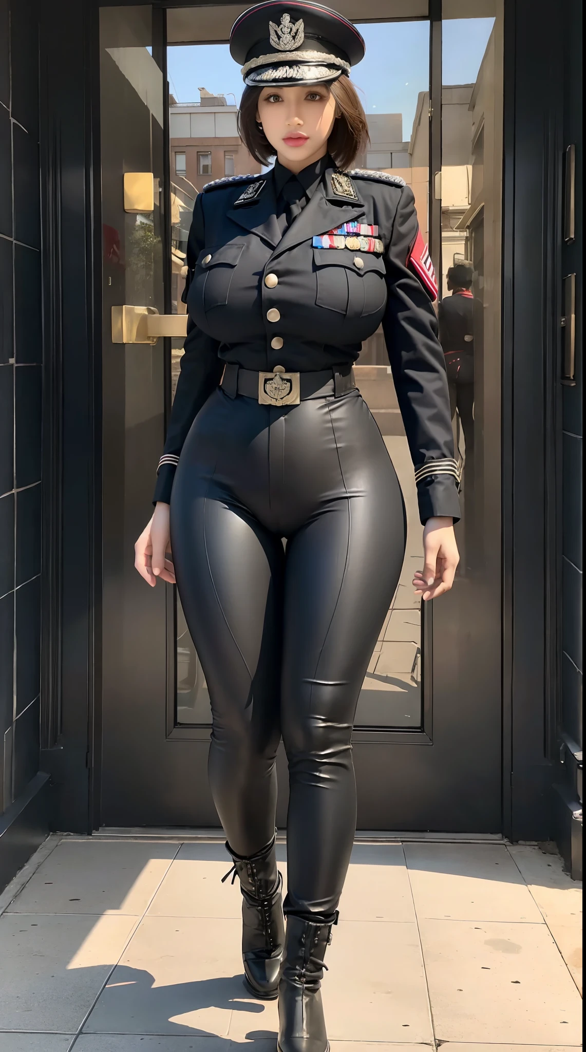 physically-based rendering, 1girl, Female soldier, (huge fake breasts:1.2), (street city), sexy muscular body, slim waist, big buttocks, (Full body:1.3), walking, skintight army pants, (military uniform).