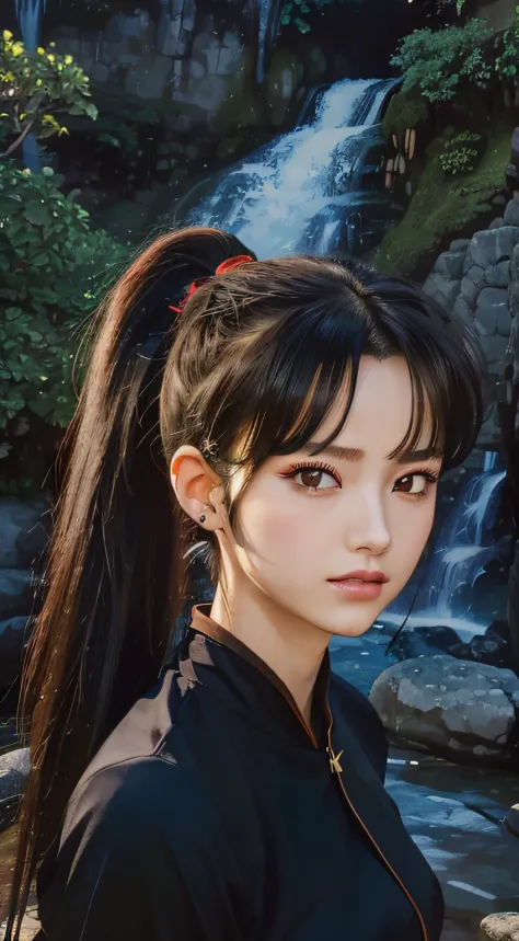 masterpiece, beast quality, sango, photorealistic, black hair, ponytail hair, makeup (hyperrealistic:1.2), perfect eyes, perfect...