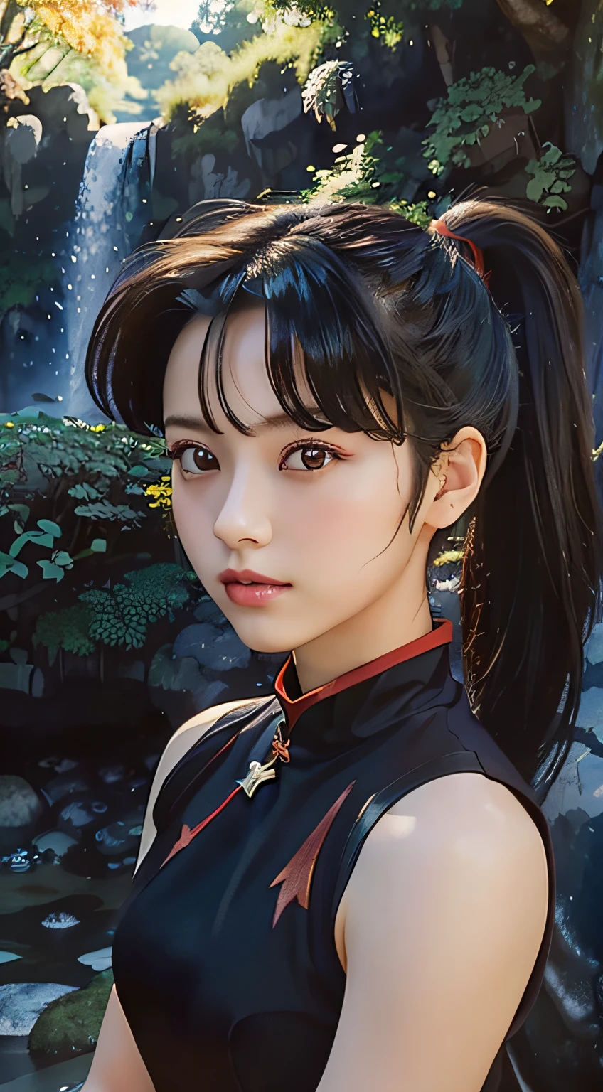 Masterpiece, beast quality, close photo of sango, photorealistic, black hair, short ponytail hair, makeup (hyperrealistic:1.2), perfect eyes, perfect face, perfect lighting, 1girl, outdoors, warm colors, sit, ((Waterfall background:1.1)) sunset, natural color, high contrast