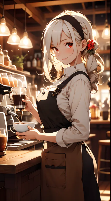 (masterpiece), best quality,  a girl working on a  coffe shop, she she is making coffe in a machine, making coffe, perfect face,...