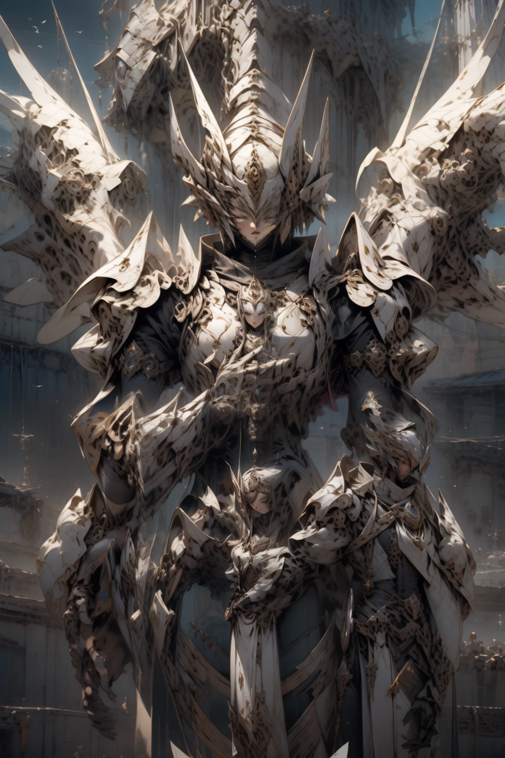 a close up of a person with a sword and wings, style of raymond swanland, epic exquisite character art, inspired by Raymond Swanland, 2. 5 d CGI动漫奇幻艺术作品, detailed digital 2d fantasy art, covered in full silver armor, detailed fantasy art, dressed in armor light, highly detailed fantasy art, epic fantasy character art, stunning character art