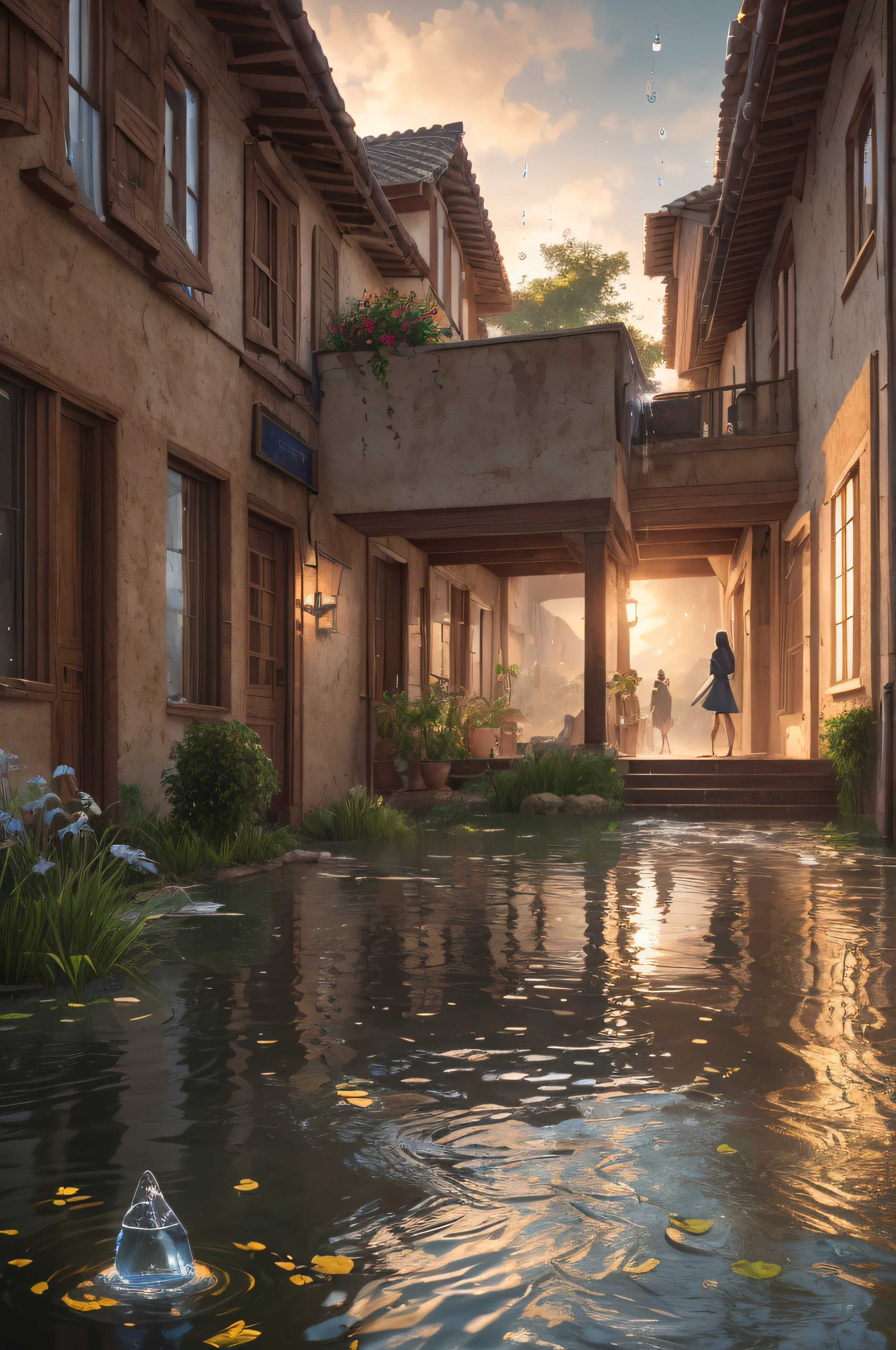 Anime scene of a woman walking down a street next to a pond - SeaArt AI