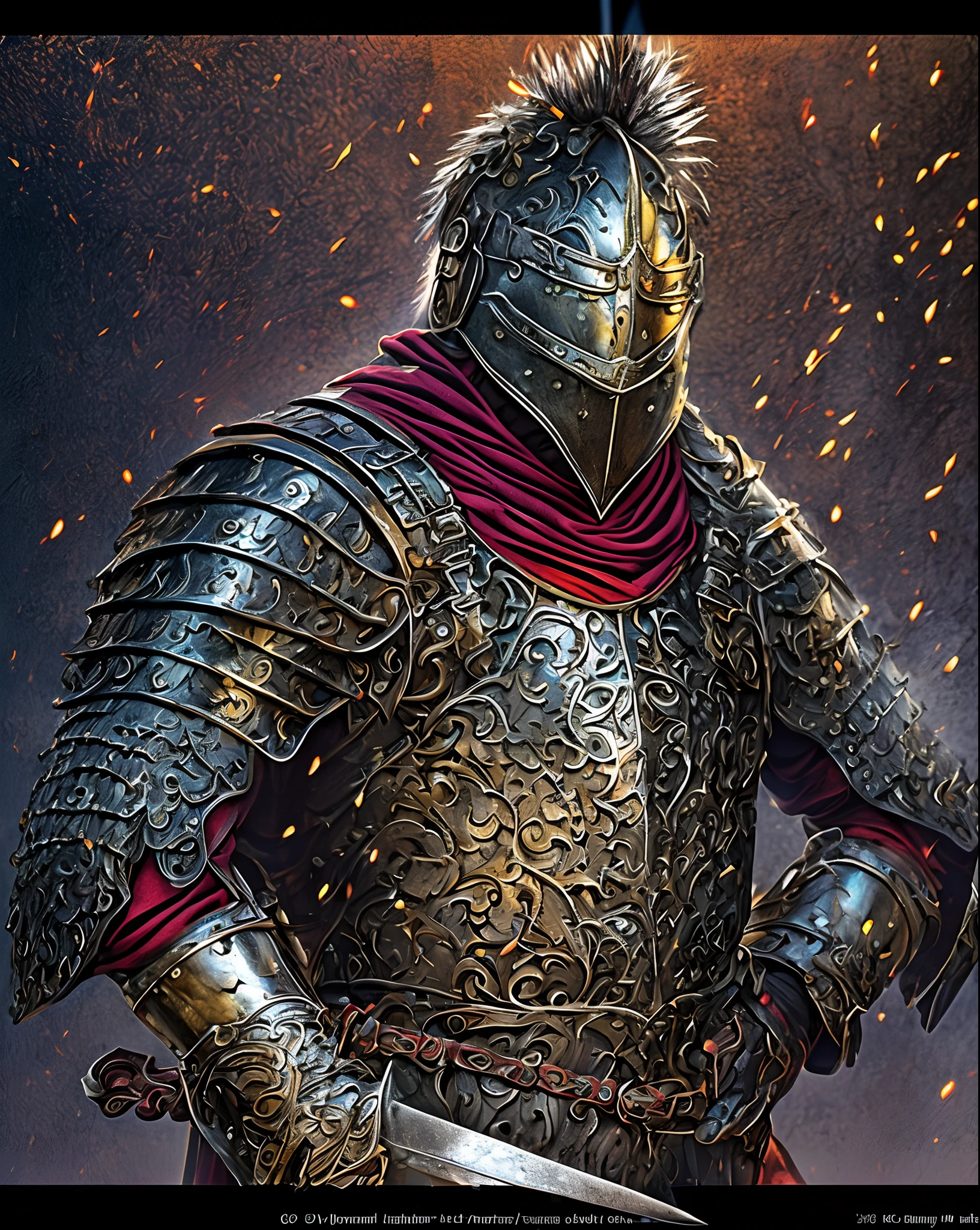 (a strong, fierce warrior standing in shiny, metallic armor),(best quality,ultra-detailed),(determined face,sharp focus),(medieval),(battlefield in the background),(vivid colors),(dusty atmosphere),(intense lighting),(heroic, powerful),(sword held high),(iron chainmail),(helmet with feather crest),(sturdy shield),(muscular physique),(dramatic pose)