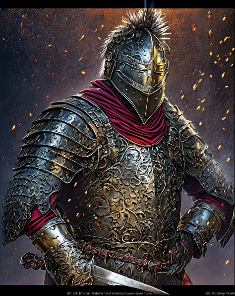 (a strong, fierce warrior standing in shiny, metallic armor),(best quality,ultra-detailed),(determined face,sharp focus),(medieval),(battlefield in the background),(vivid colors),(dusty atmosphere),(intense lighting),(heroic, powerful),(sword held high),(i...