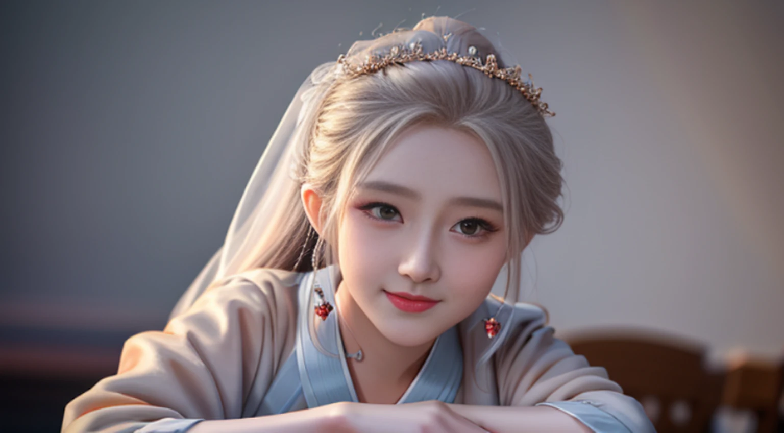 best quality, masterpiece, highres, 1girl,blush,(seductive smile:0.8),star-shaped pupils,china hanfu,hair ornament,necklace, jewelry,Beautiful face,upon_body, tyndall effect,photorealistic, dark studio, rim lighting, two tone lighting,(high detailed skin:1.2), 8k uhd, dslr, soft lighting, high quality, volumetric lighting, candid, Photograph, high resolution, 4k, 8k, Bokeh