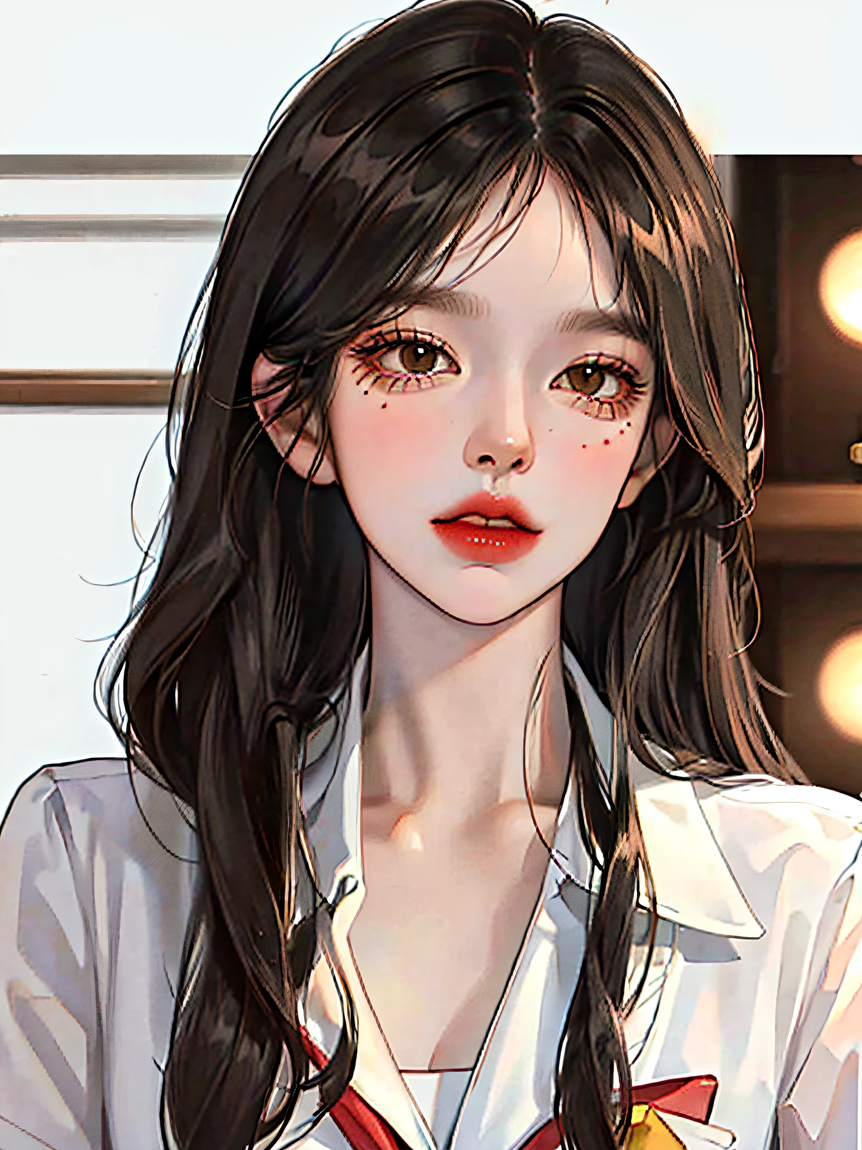 (highest resolution, distinct_image) The best quality, a woman, masterpiece, highly detailed, (semi-realistic), long black hair, long straight hair, black hair bangs, mature, cherry glossy lips, white background, close-up portrait, solid circle eyes, 16 years old, beautiful face, fit body, brown eyes, wear Korean school uniform, high school student, wearing jewelry