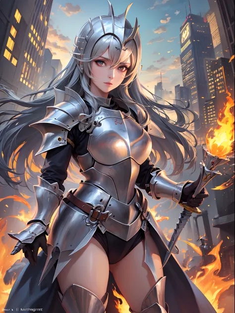 A woman in armor holding a fire ball and a sword - SeaArt AI